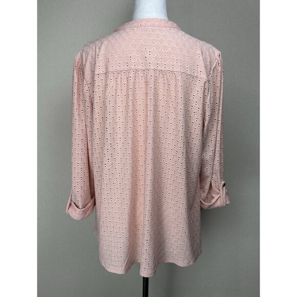 Women's Roz & Ali Top 1X Peach Eyelet Pullover 3/4 Sleeve Stretch Baby Doll - Picture 5 of 11